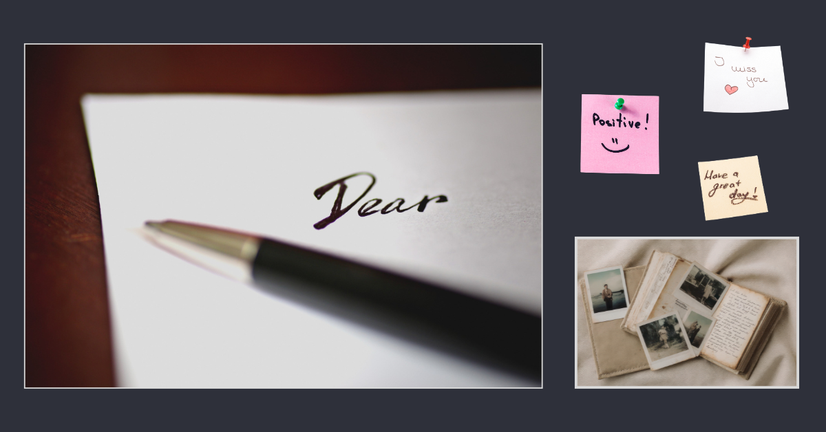 Handwritten letter starting with “Dear,” alongside notes, photos, and a journal — symbolizing legacy planning and personal memories.